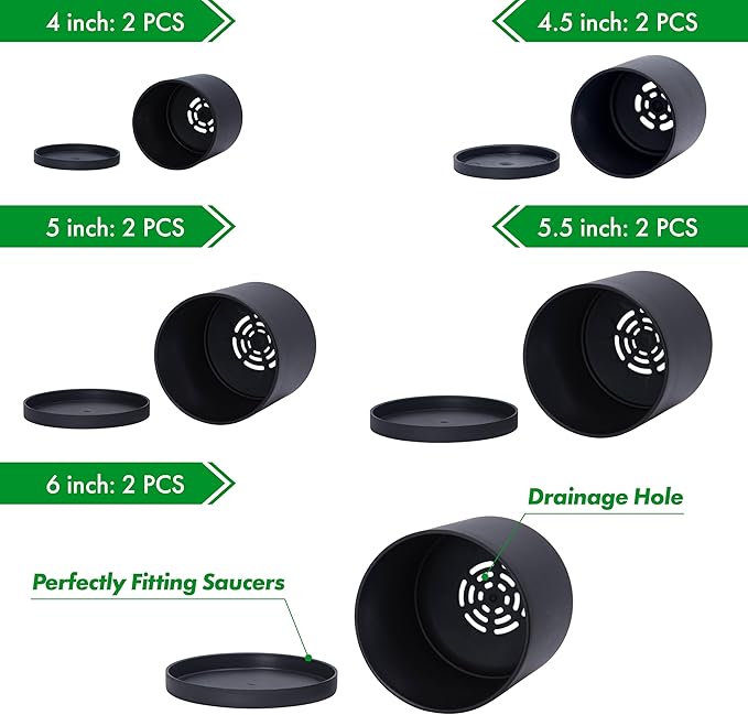 D'vine Dev Pack of 10 Plastic Plant Pots (2 Set of 6 Inch, 5.5 Inch, 5 Inch, 4.5 Inch, 4 Inch) Small Planter Pots for Plant with Drainage Holes and Saucers, Black, 74-R-B
