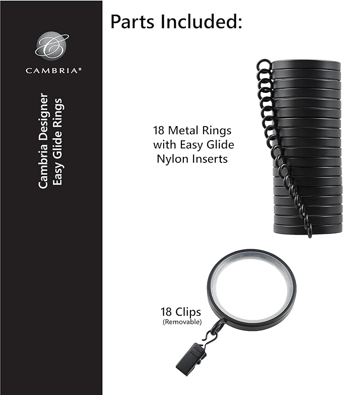 MODE Cambria Designer Series - Premium Easy Glide 18 Count Curtain Rings - Metal with Smooth, Quiet Nylon Inserts with Clips - 2 inch Diameter (1-5/8 inch Inside Diameter) - Satin Black Finish