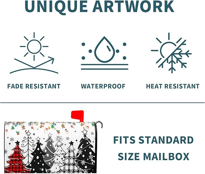 Xmas Trees Mailbox Cover Magnetic 25.5"x21" Red Black Buffalo Plaids Falling Snowflakes Winter Collection Mailbox Wrap Post Cover Large Size for Yard Garden Outside Holiday Decor