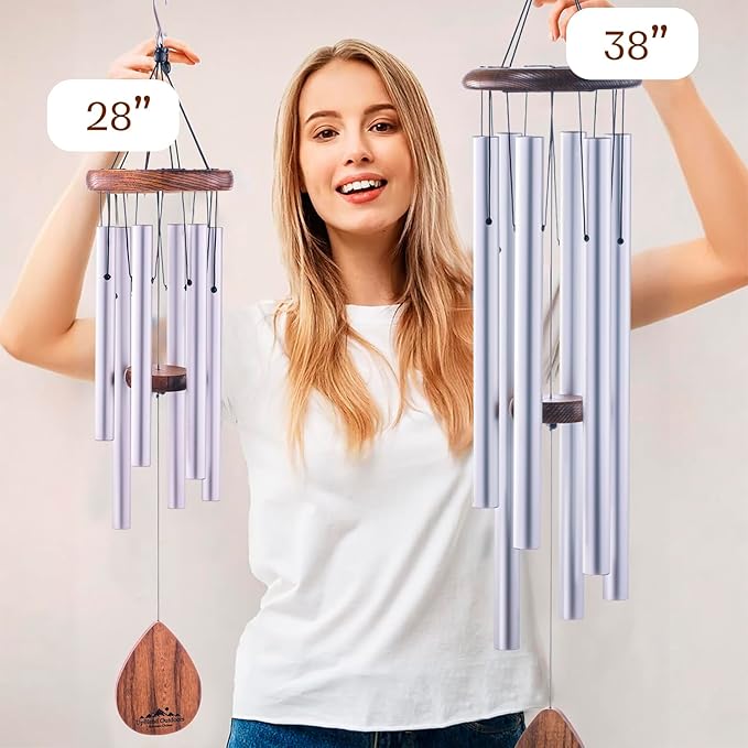 UpBlend Wind Chimes for Outside Gift – Deep Tone Wind Chime with Decorative Stone – Porch & Patio Decor, Elegant Outdoor Ornament, Garden Gifts. 28” Silver.