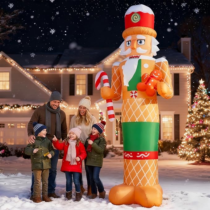 8 FT Christmas Inflatables Outdoor Decorations Nutcracker with Little Gingerbread Man Hold Candy Cane Blow Up Yard Decoration with Built-in LEDs for Xmas Holiday Outside Garden Lawn Yard Decor