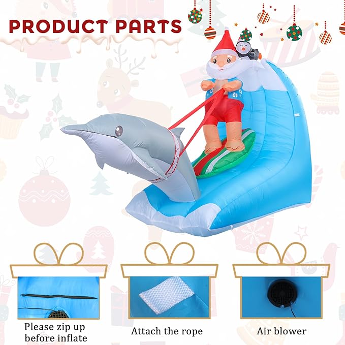 MUMTOP 7.55FT Long Christmas Inflatables Outdoor Decorations, Inflatables Surfing Santa Claus with Penguin Dolphin Blow up Christmas Yard Decoration Built-in LED Lights for Outdoor Party Holiday Decor