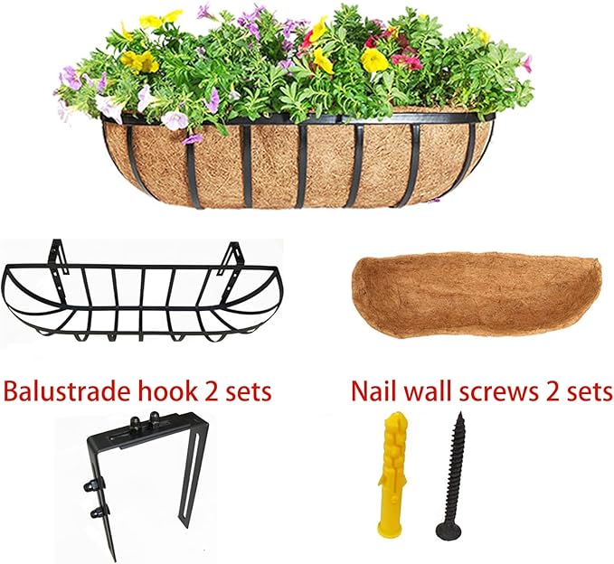 24“ Window Box Railing Planter with Coco Liner Metal Wall-Mounted Coconut Liner Planter Basket English Horse Trough Planters for Outdoor Deck Balcony Porch Fence Patio Black (2 Pack)