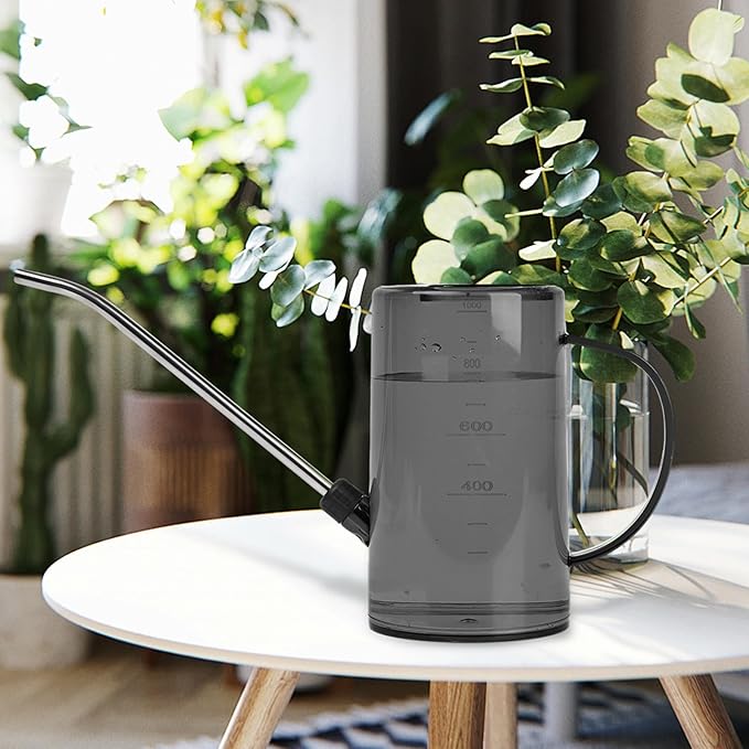 Small Plastic Watering Can - for Home Garden - with Long Spout - 1/4 Gallon - 34 Oz - Grey
