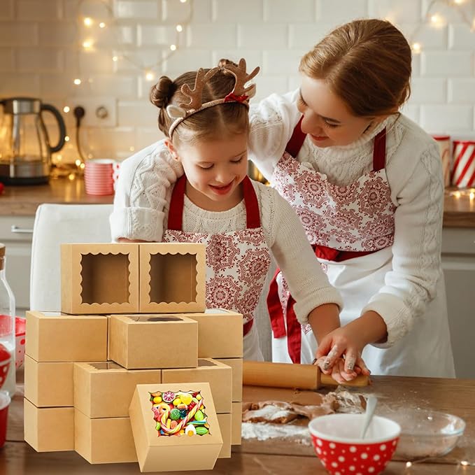 50pcs Cookie Boxes 4x4x2.5 Inch Bakery Boxes with Window Treat Box Dessert Box for Wedding Favors Party - Brown