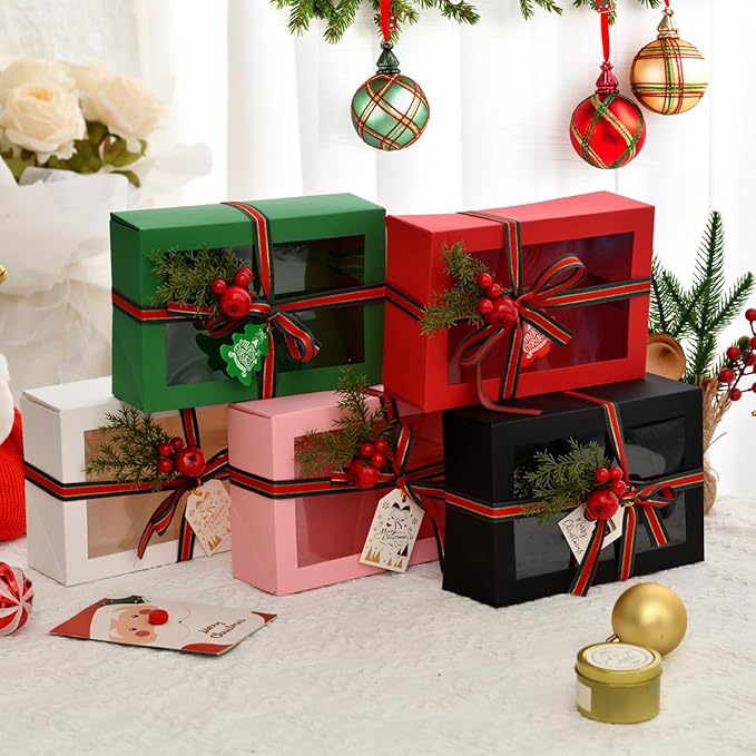 12 Pack Christmas Gift Boxes with Clear Window, Red Christmas Gift Boxes with Ribbon, Pine Sprigs & Berry Decorations for Holiday Wrapping, 8.7x5.9x2.8 Inch (white)