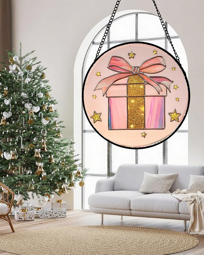 Stained Glass Window Hanging - Pink Gift Box Star Suncatcher for Doors Home Christmas Decoration Winter Sun Catcher Thanksgiving New Year Birthday Gifts for Women Men Mom Nana Girl 9.8 in