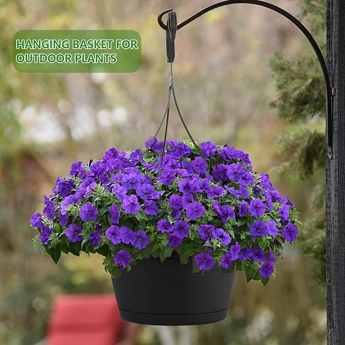 10 Inch Hanging Plant Pots with Removable Chain & Drainage Trays, 4 Pack Hanging Planters for Indoor & Outdoor Plants, Lightweight Plastic Flower Pots for Home Garden Decor (Black)
