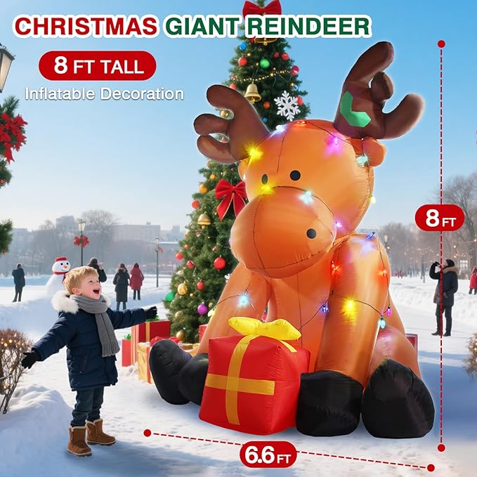 Christmas Inflatable Outdoor Decorations, 8 FT Giant Inflatables Reindeer Yard Decor with Colorful String Lights, Blow up LED Lights Holiday Decorations for Indoor Outside Lawn Garden