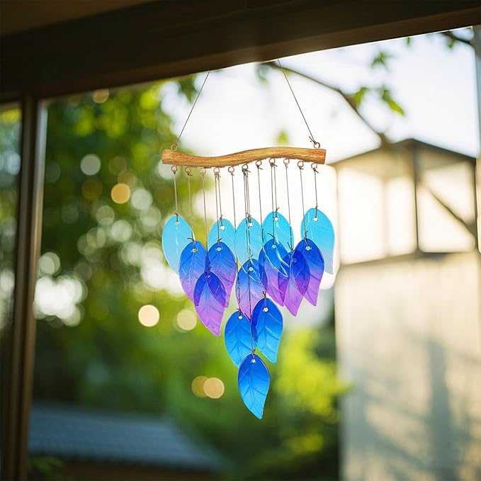 Glass Leaves Wind Chimes for Outdoor Memorial Decor - Unique Wind Chimes for Garden, Yard, Porch & Backyard, Durable Outside Decoration with Handcrafted Glass Design