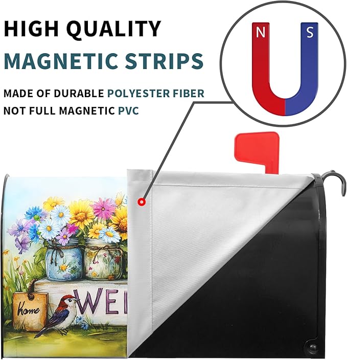 Spring Summer Floral Mailbox Covers Magnetic Standard Size 21 X 25.5 Inch Welcome Magnetic Mailbox Cover Bird Flowers Mailbox Wraps Post Box Cover Decoration Outdoor Garden Home Yard Outside