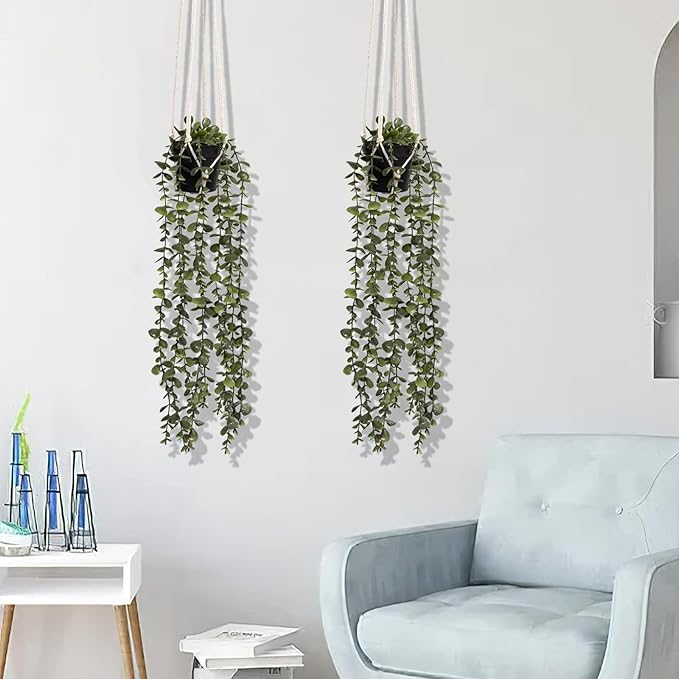 Comtelek Fake Hanging Plants 2 Pack Macrame Artificial Hanging Plants with Faux Vine Plant Hanger for Indoor Outdoor Home Wall Boho Bedroom Bathroom Office Wall Ceiling Decor