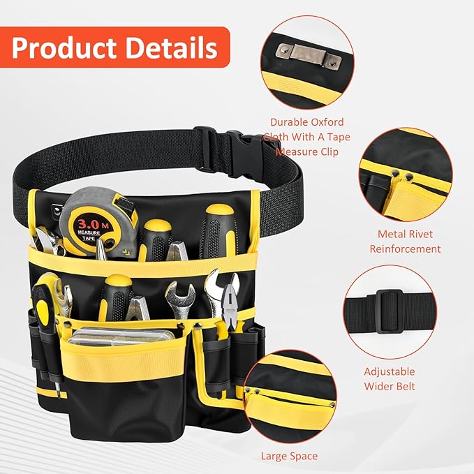 Electrician Tool Belt, Magnetic Waist Tool Belts for Men, Electrician Tool Pouch with 13 Pockets & Wristband for Tools, Adjustable Heavy-Duty Oxford Tool Pouch for Electricians Carpenters Gift