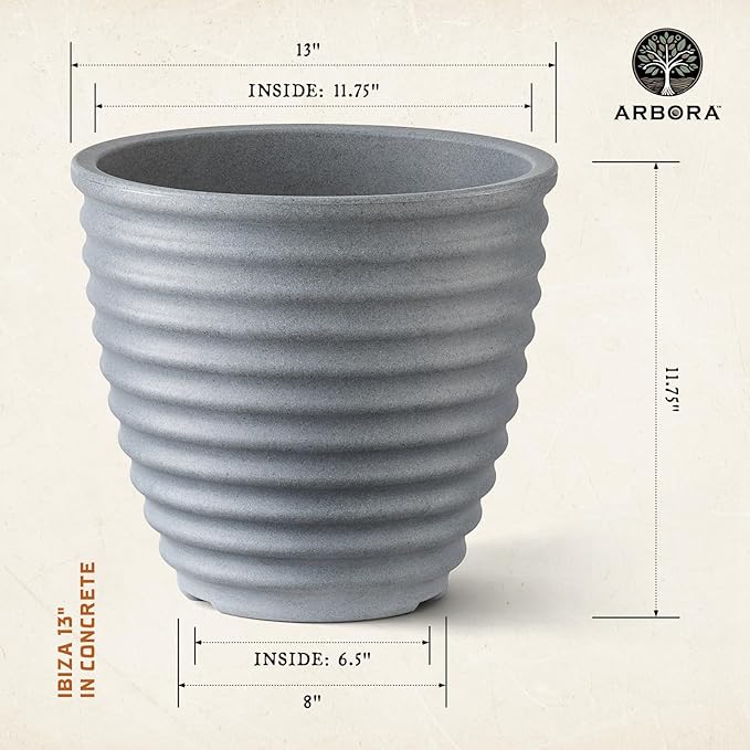 ARBORA 13" Ibiza Polyresin Indoor and Outdoor Planter with Stone Blend Concrete Gray Finish - Durable, Weatherproof, Lightweight, Large Plant Pot for Patio, Garden, Deck, Entryway - 2 Pack