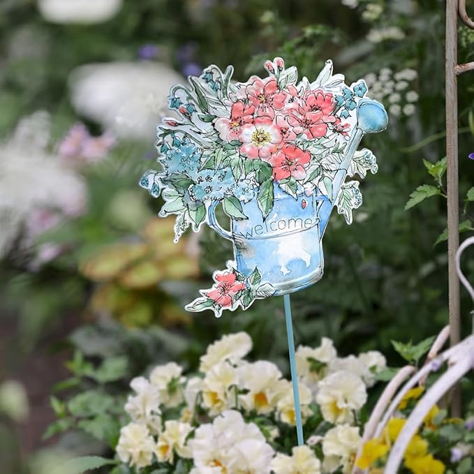 All Chic Garden Decor for Outside, 29” Decorative Garden Stakes Metal Embossed Watering Can with Flowers for Spring Decor, Yard Art Stakes for Outdoor Lawn Backyard Porch Pathway Decorations
