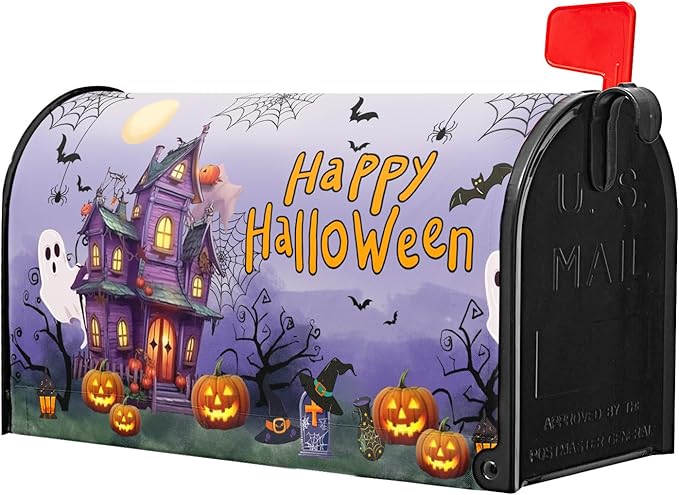 Halloween Magnetic Moon Pumpkin Mailbox Covers - Standard Size 21" X 25.5" Purple Post Cover for Outside Decoration