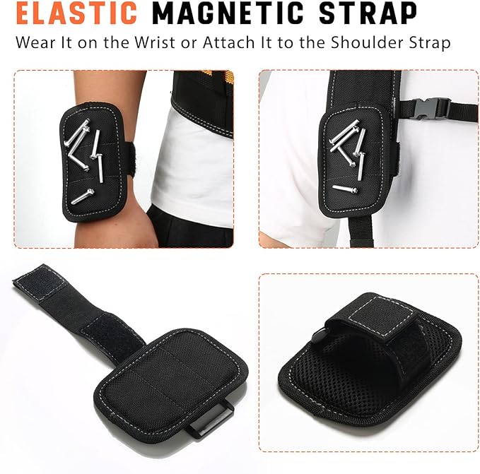 Tool Belt Suspenders, Tool Bag Suspenders, Work Belt Suspender with Magnetic Wristband and Loop Attachment, Padded Construction Suspender for Carpenter, Electrician, Framer, Black