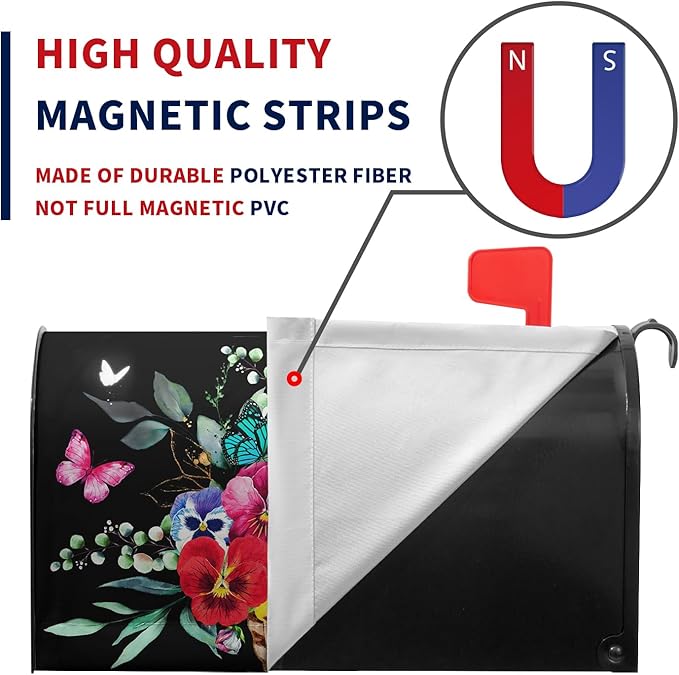 Summer Flower Mailbox Covers Magnetic Pansy Floral Mailbox Post Cover Black Colorful Pansies Butterfly Mail Box Wraps Waterproof for Garden Yard Standard Size 21x18 Inch