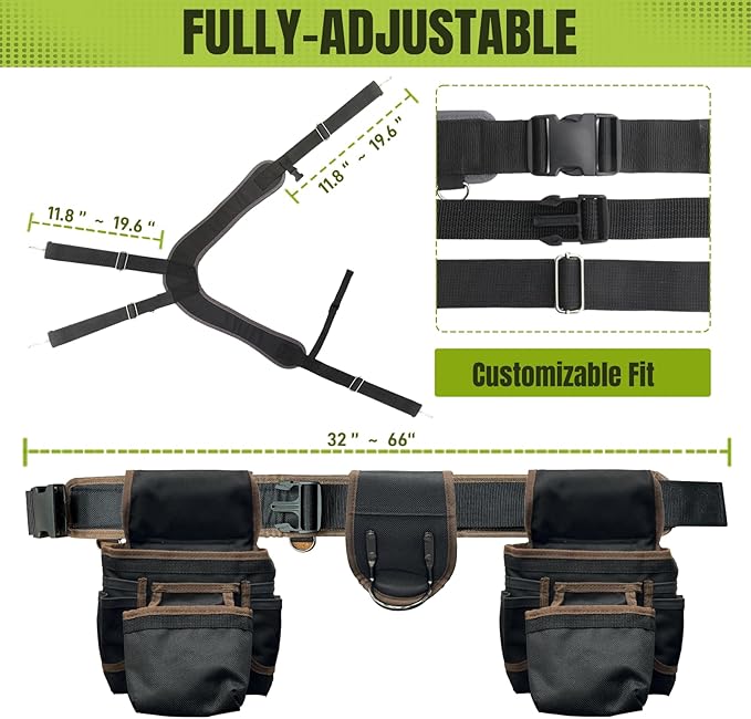 Tool Belt, Tool Belts for Men, 32 to 66 Inches Adjustable Waist, Electrician and Carpenter Tool Belt with Suspenders for Construction and Gardening, Black and Brown