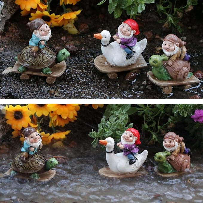 3PCS 3D Mini Gnome Statue, Gnome Riding Turtle, Duck, Snail Statue, Outdoor Fairy Garden Resin Crafts, Micro Landscape Ornaments, Landscaping DIY Garden Sculptures, Yard Lawn Home Decor (3 PCS)