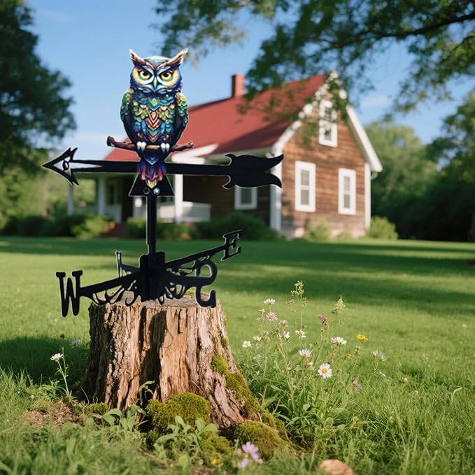 Metal Owl Wind Vane for Garden, 16 Inch Whimsical Metal Weathervane with Directional Arrows, Colorful Outdoor Roof Decor for Farmhouse Patio Yard,Outdoor Patio Roof Decoration