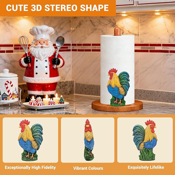 Rooster Kitchen & Bathroom Decor, Rooster Gifts for Women, 3D Modern Chicken Farmhouse Kitchen Countertop Decor, Cute Wooden Paper Towel Holder, Home Indoor Table Accessories, Housewarming Gifts