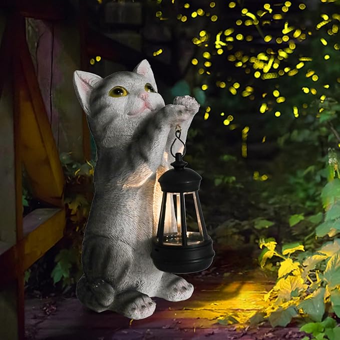 Solar Cat Garden Statue - Outdoor Cat Statues with Lantern Lights for Garden Yard Art Lawn Ornaments Porch Patio Balcony Home House Gardening Gifts for Women Grandma Mom