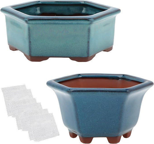 Bonsai Planter 2pc Small Succulent Glazed Pots 4.9" and 6.1" + 6 Soft Mesh Drainage Screens