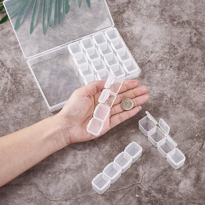 FASHEWELRY 28 Grids Clear Plastic Jewelry Box Storage Containers with 3.93x0.94x0.94 Inch Removable Dividers