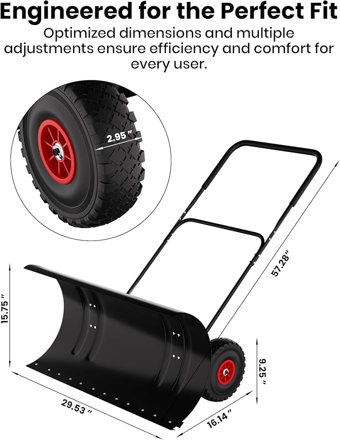Snow Pusher with Wheels for Driveway, 29.5" Wide Heavy Duty Steel Blade, 2-Position Height Adjustment & 60° Tilt Handle, Ergonomic Push Snow Shovel with Ground Protection for Effortless Snow Removal