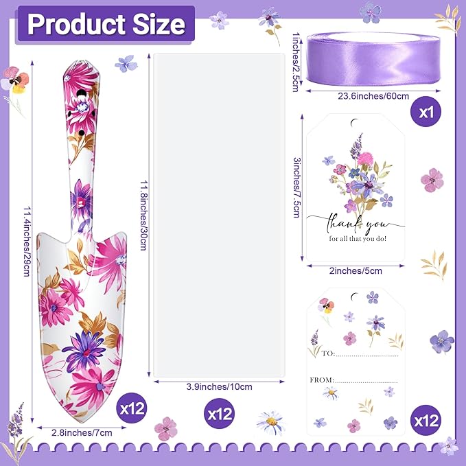 Capoda 12 Sets Floral Garden Shovels Bulk Gardening Gift for Women Thanksgiving Garden Tools Floral Hand Heavy Duty Trowels Thank You Cards with Bags for Christmas Mom Birthday Teacher(Purple,Elegant)