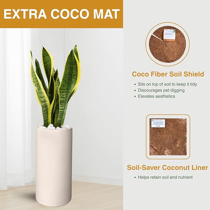19.5" H x 9.8" D Tubo Fiberstone Cylinder Tall Planter, Christmas Tree Planter, Smooth Finish, Weather Resistant for Indoor & Outdoor Use, 2 Extra Coco Mats (Kilim Beige, 8.2" Pot Opening)
