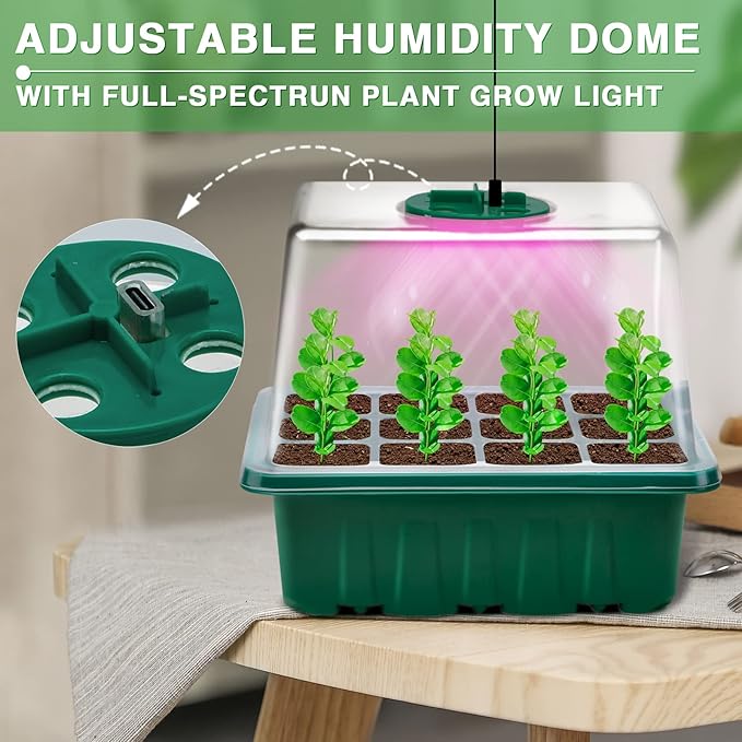 YAUNGEL Seed Starter Tray with Grow Light, 4 Pack Seed Starter Kit with Timing Controller Adjustable Brightness, Thicken Seedling Starter Trays with Humidity Domes Heightened Lids, Gift Box