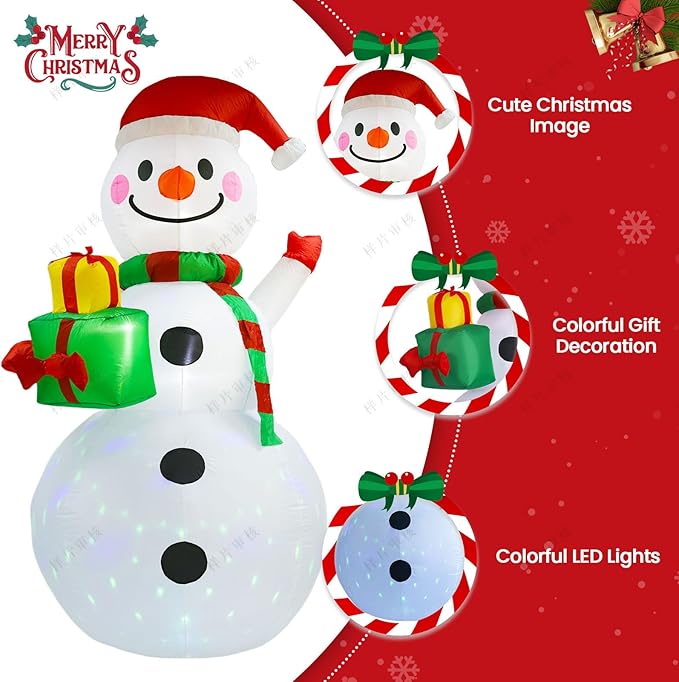 8FT Christmas Inflatable Outdoor Decoration Christmas Snowman with Gift Boxes Built-in Colored Lights & LED Lights Suitable for Yard, Lawn, Outdoor Holiday Party Decorations、