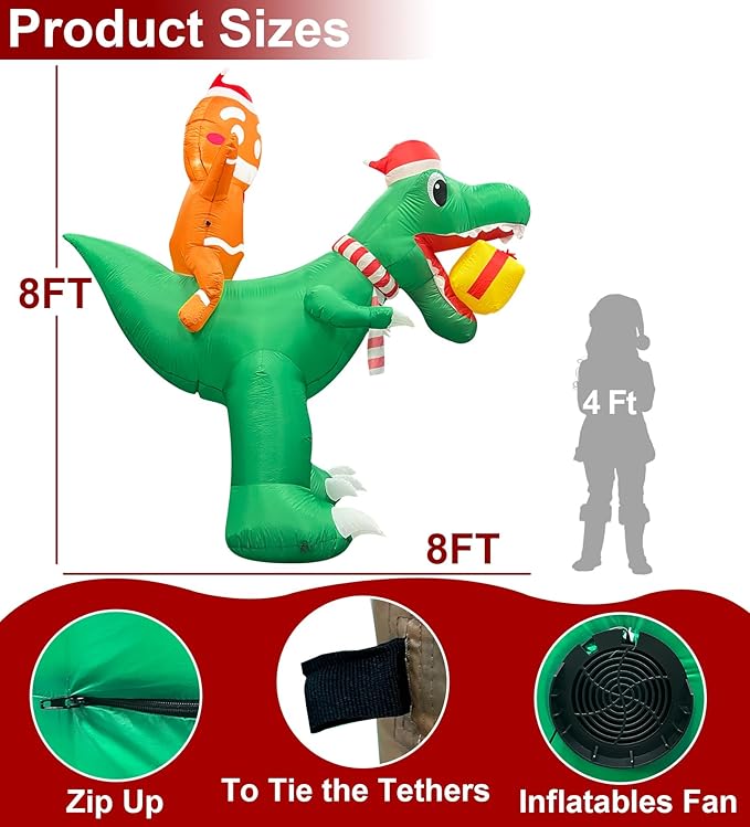 8 Ft Christmas Inflatable Gingerbread Man Ride on Dinosaur with Gift Box Outdoor Decoration Built-in LED Lights, Blow up Christmas Yard Decoration for Party Lawn Holiday Garden Decor Outside