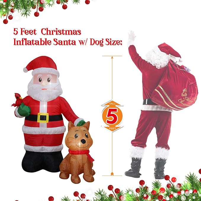 Christmas Inflatables Santa with Dog Cardinal Lighted Yard Lawn Inflatable Decoration with Built-in Fan and Stakes Ropes Holiday Party Decor, Christmas Decor (5FT-Santa with Dog & Cardinal)