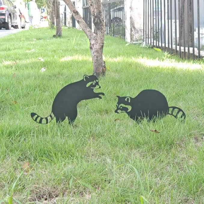 2 Pack Raccoon Metal Garden Stakes for Outdoor Decor – Cute Animal Yard Art for Garden, Lawn, or Pathway – Weather-Resistant Black Silhouette Statues, Unique Gift for Nature & Wildlife Lovers