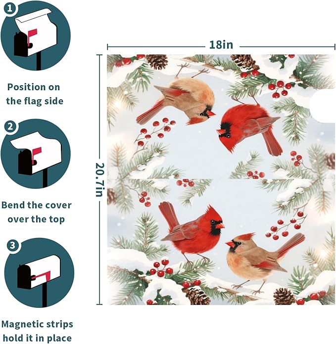 Winter Cardinal Bird Mailbox Covers Magnetic Standard Size Christmas Snow Scene Holiday Mailbox Wraps Seasonal Outdoor Decorative Letter Box Cases for Home Garden Outside Decor, 21x18 Inch