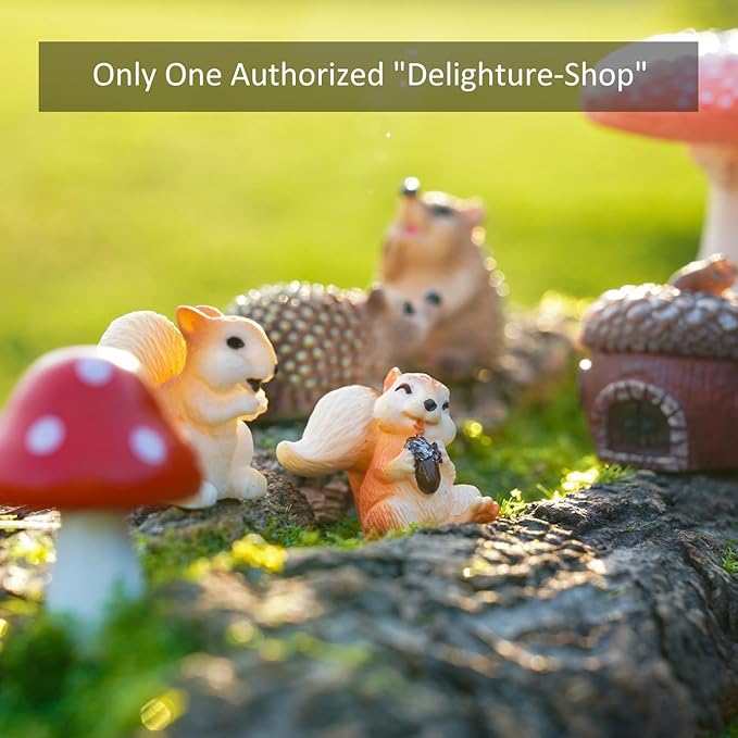 Fairy Garden Accessories, 7 Pieces Squirrel & Hedgehog Resin Figures with Acorn & Mushroom, Handmade Miniature Decor, Garden Miniatures and Home Decorations, Perfect DIY Gift for Kids