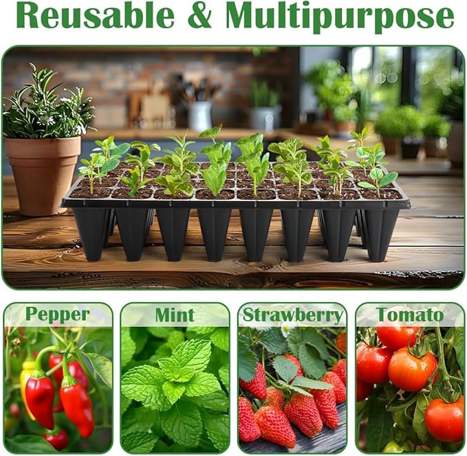 10 Pack 1020 Trays No Holes and 10 Pack 4.3" Deep 32 Cell Seed Starter Trays, 20" x 10" - Heavy Duty Plastic Nursery Flats for Seed Germination & Plant Propagation (10 Sets)
