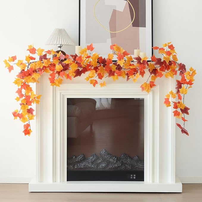 mizii 2 Strands Artificial Vines Fall Ivy Garland 74" Fake Vine with Silk Leaves Faux Hanging Plants Greenery Decoration for Outdoors Wedding Party Indoor Bedroom Home Wall Room Fall Decor (Fall)