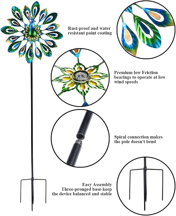 MUMTOP Wind Spinner 51 Inch Peacock Wind Spinner Outdoor Metal with Double Wind Sculpture for Patio, Lawn & Garden Decor