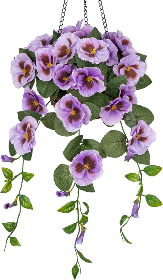 Briful Artificial Hanging Basket Outdoor Light Purple Pansy Fake Flowers Realistic Silk Fall Bloom Faux Flowers Coconut Basket for Home Decor Indoor Farmhouse Balcony Patio Garden