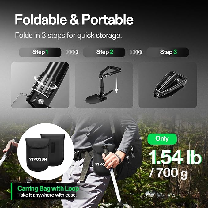 VIVOSUN Folding Camping Shovel, 18'' Survival Shovel, Portable Small Shovel with High Carbon Steel, Tactical Entrenching Tool for Hiking, Digging, Backpacking, Gardening, Off Road, Beach