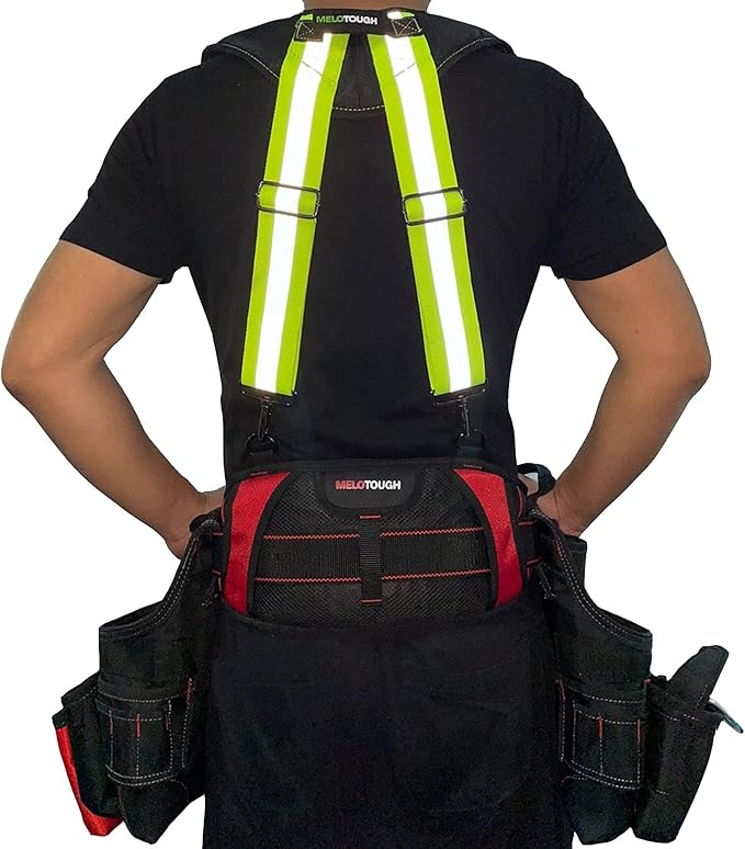 MELOTOUGH Reflective Safety Suspenders Tool Belt Suspenders Construction Work Suspenders with detachable phone holder comfortable foam shoulder padder (Lime)