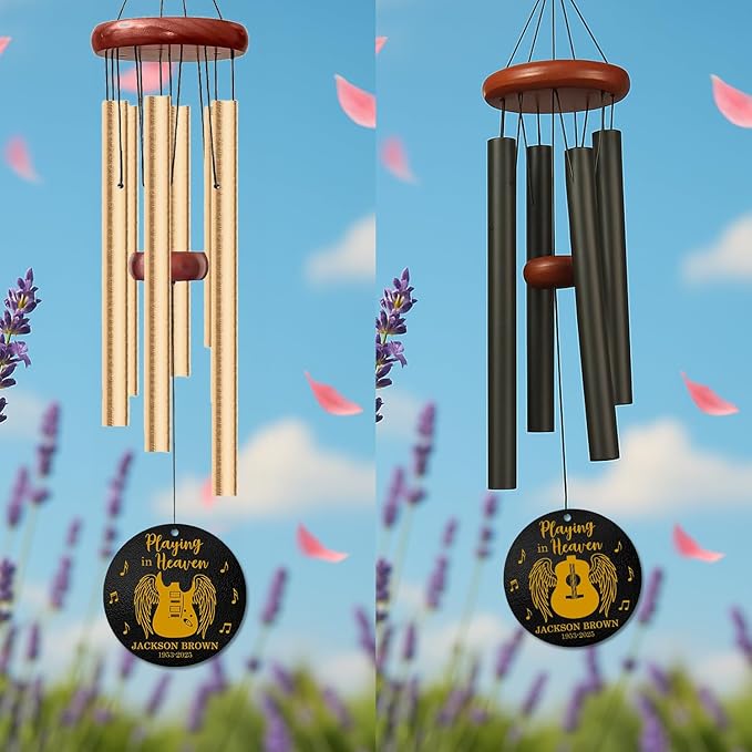 Personalized Guitar Memorial Wind Chime – “Playing in Heaven” Custom Name & Years – Music Lover Sympathy Gift – Remembrance Windchime with Angel Wings & Notes – Tribute for Musicians or Singers