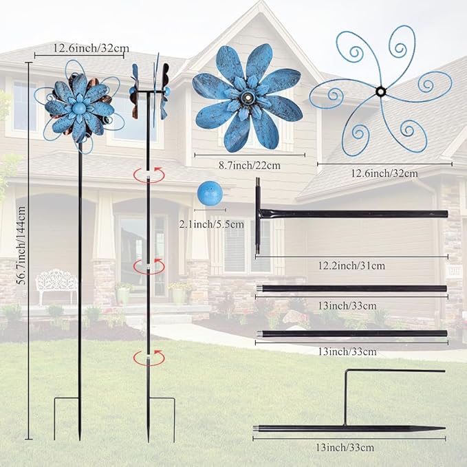 Wind Spinners Outdoor, Metal Flower Garden Pinwheels, Garden Wind Sculptures & Spinners for Yard Lawn Patio Decor - Blue