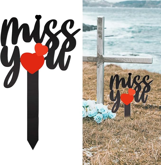 13.8 X 7.9 Inches Large Cemetery Decorations for Grave, Miss You Memorial Grave Markers, Metal Memorial Remembrance Stake, Grave Markers for Human Cemetery, Garden Yard Grave Site Outdoor Stake Marker
