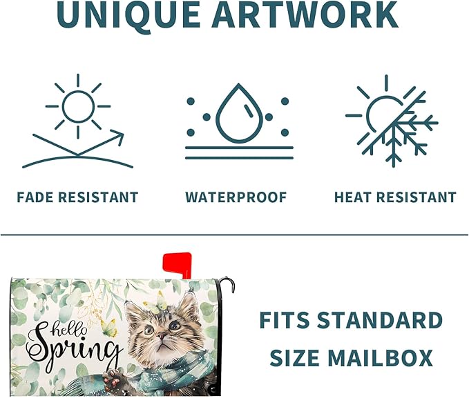 Hello Spring Cat Magnetic Mailbox Cover 25.5"x21" Watercolor Sage Green Eucalyptus Leaf Kitten Butterfly Mailbox Wrap Post Cover Large Size for Garden Yard Outdoor Outside Decor