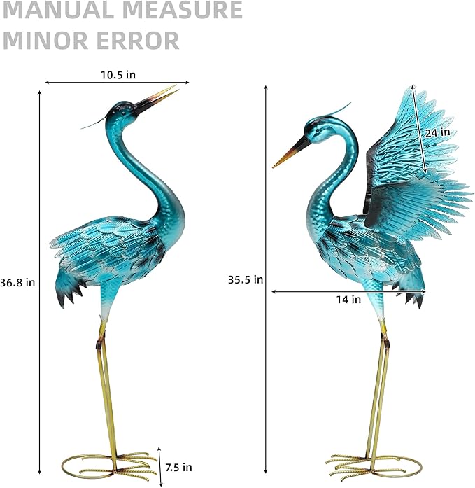 36.75" Metal Crane Garden Statue, Handcrafted Oversized Blue Heron Decor Sculptures with Stable U-Ground Stakes, Backyard Decoration, Metal Garden Bird Animal Yard Art, Lawn Ornament Decor